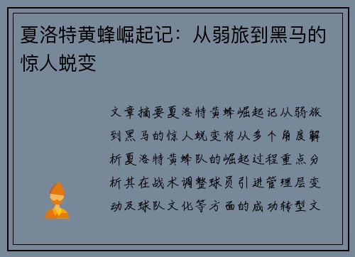 夏洛特黄蜂崛起记：从弱旅到黑马的惊人蜕变